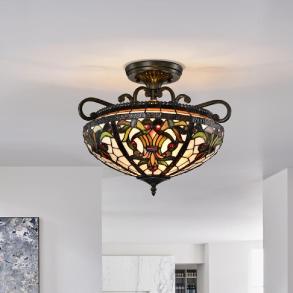 BELOFAY ティファニーシーリングライト アールデコスタイル セミリセスド カラフルガラス ハンドクラフト アップライトシェード